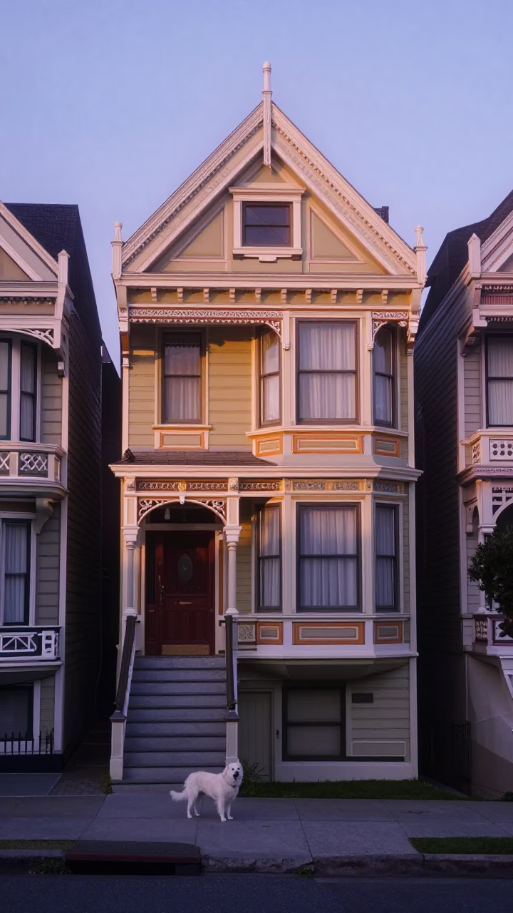 San Francisco Victorian Stoop Before Dawn with White Dog and Raincoats in in San Francisco, California, United States