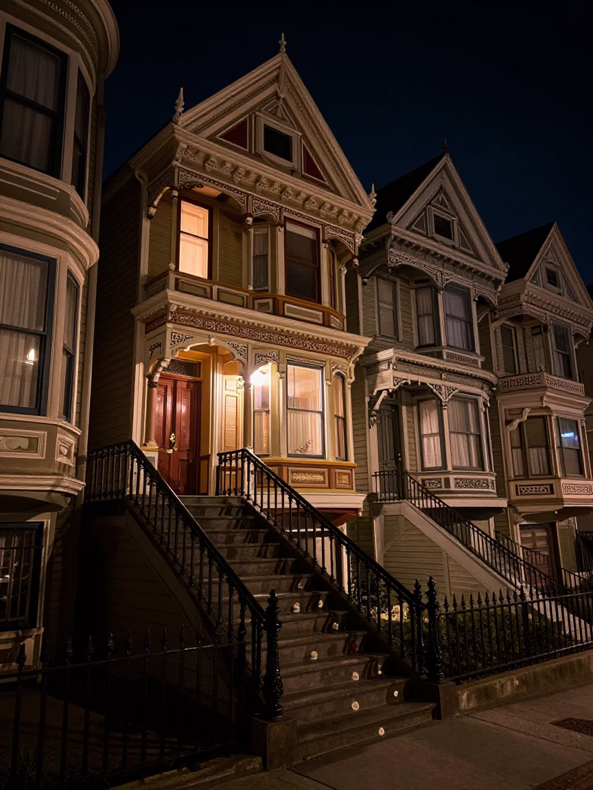 San Francisco Victorian Stoop Night Scene with Muffin Tins and Twine in in San Francisco, California, United States