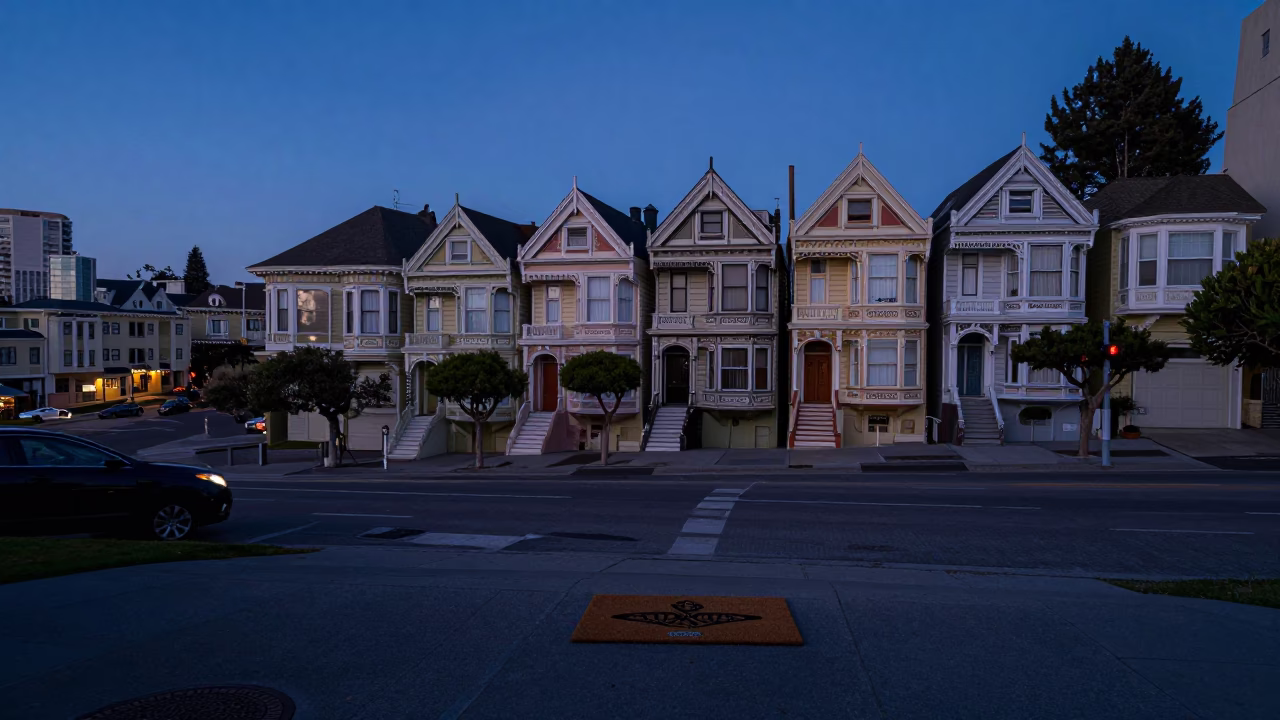 San Francisco Victorian Street Corner Before Sunrise with Doormat and Cobblestone in in San Francisco, California, United States