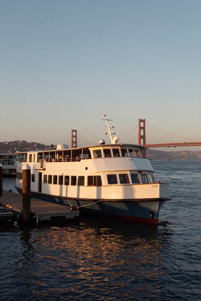 San Francisco Water Taxi at Floating Dock in Honeyed Evening Light in in San Francisco, California, United States
