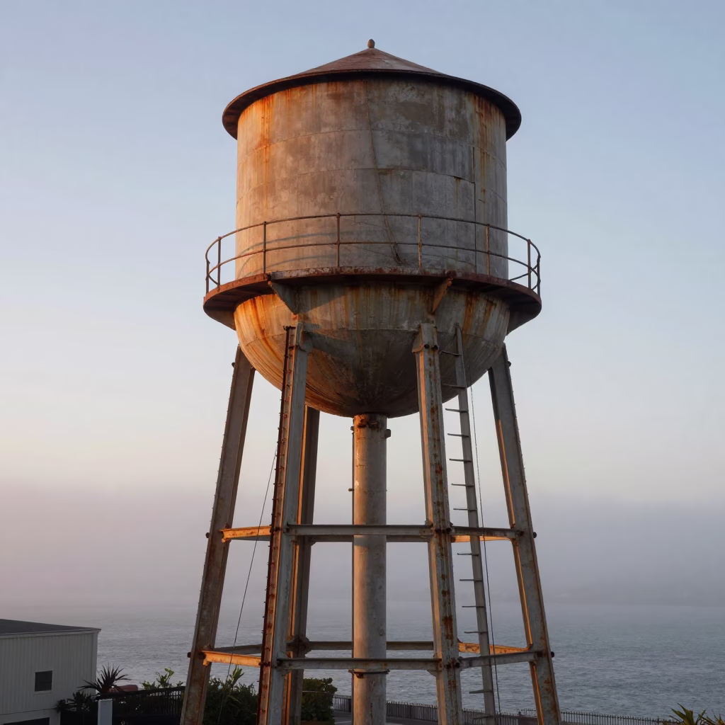 San Francisco Water Tower Ladder in Pale Dawn Mist Urban Landscape in in San Francisco, California, United States