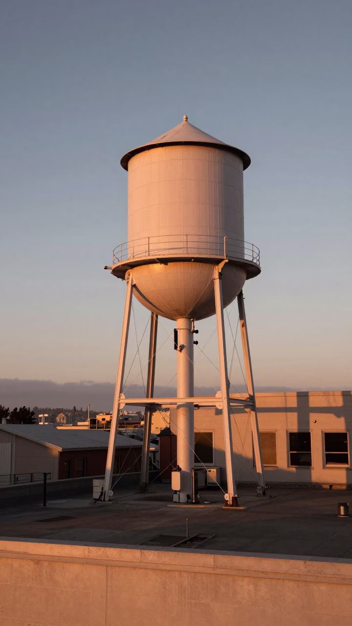 San Francisco Water Tower on Rooftop in Copper Toned Light Before Dusk in in San Francisco, California, United States