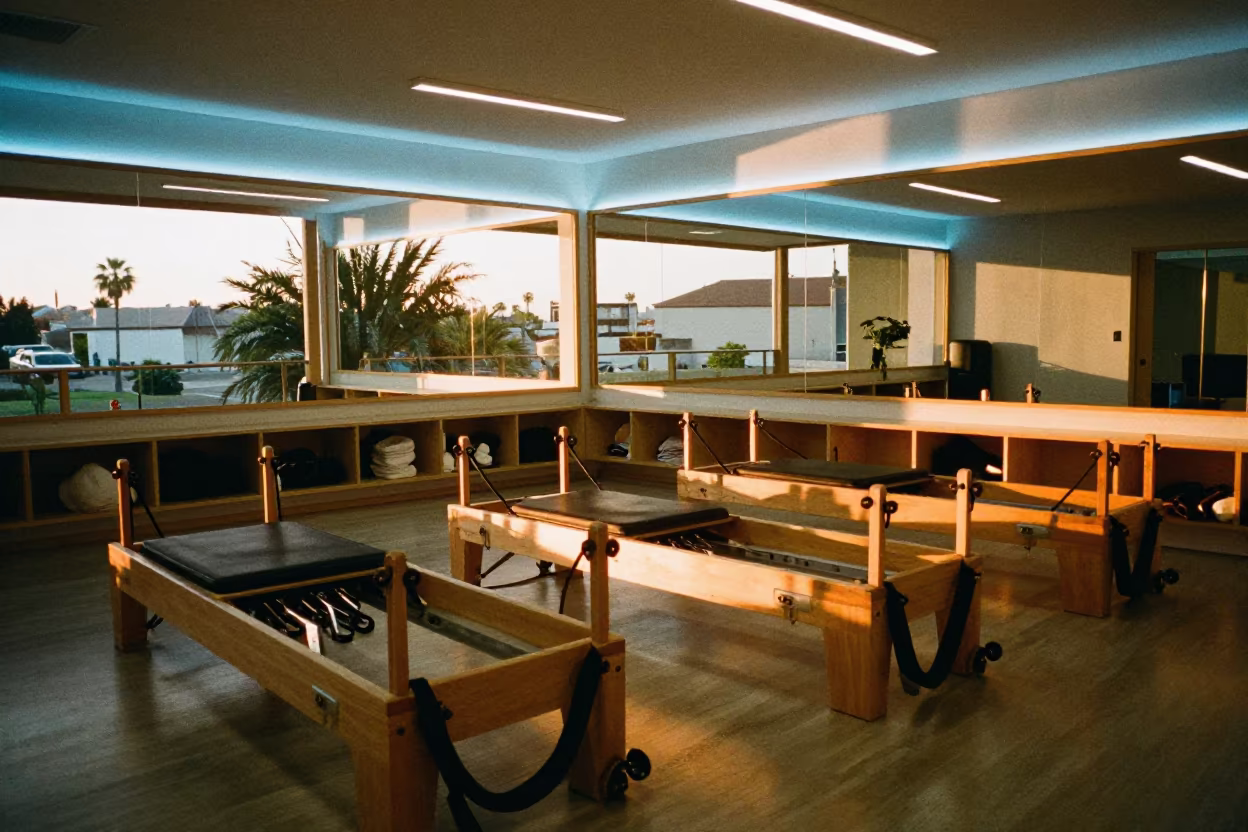 San Luis Reformer Studio Evening Light in inside a yoga studio before the session begins in San Luis