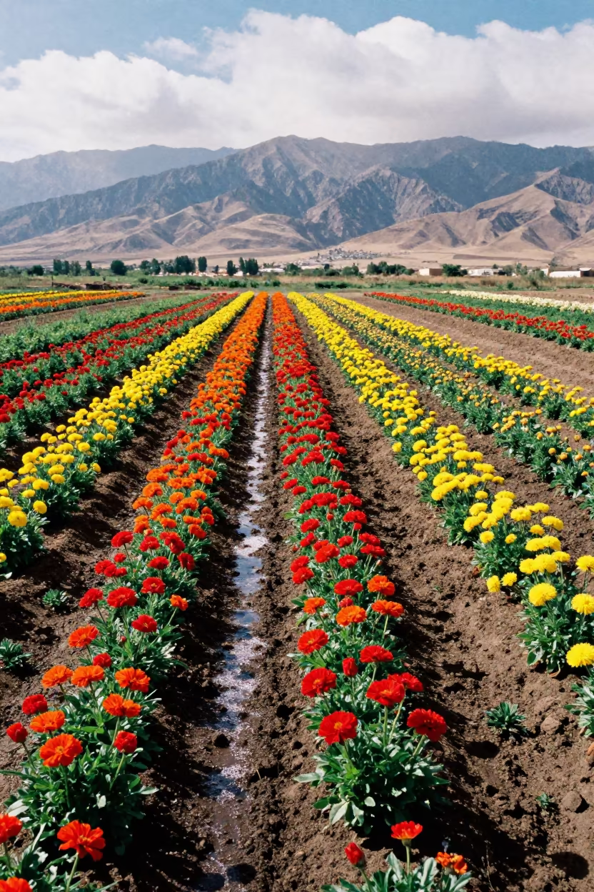 Sana'a Flower Farms in Bright Mountain Light in along freshly irrigated rows in Sana'a