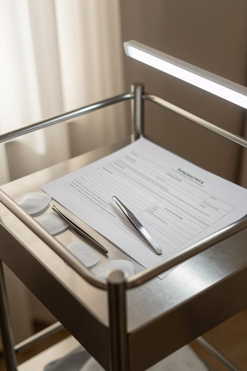 Sanaa Lash Studio Prep Cart With Sealed Tools in in a beauty supply area under white LEDs in Sanaa