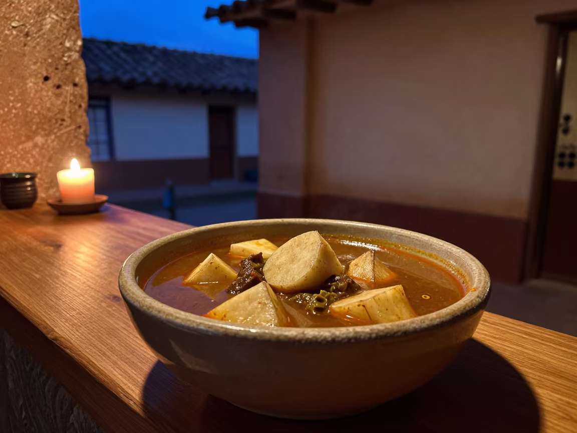 Sancocho Stew Bowl with Yuca in Cusco in at a noodle counter in Cusco