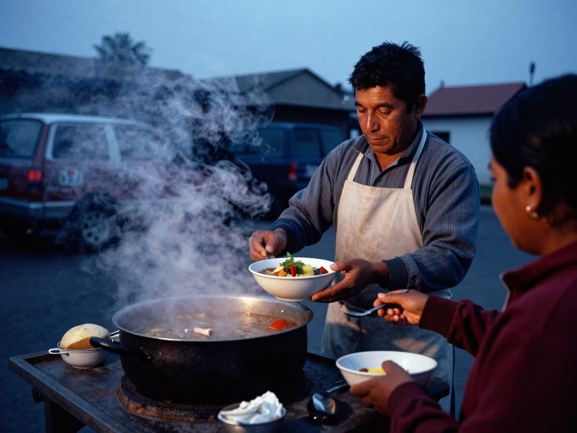 Sancocho Stew in Lima at Blue Hour in in Lima, Peru