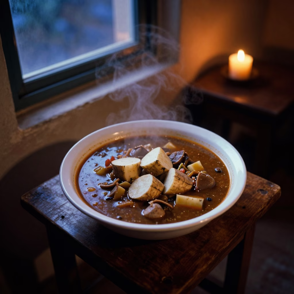 Sancocho Stew with Yuca in Evening Candlelight in on a small dining table by a window in Safi