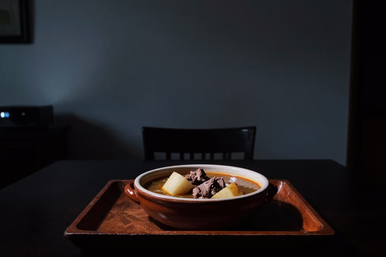 Sancocho Stew with Yuca on Tray in on a lacquered tray in Chorillos, Lima