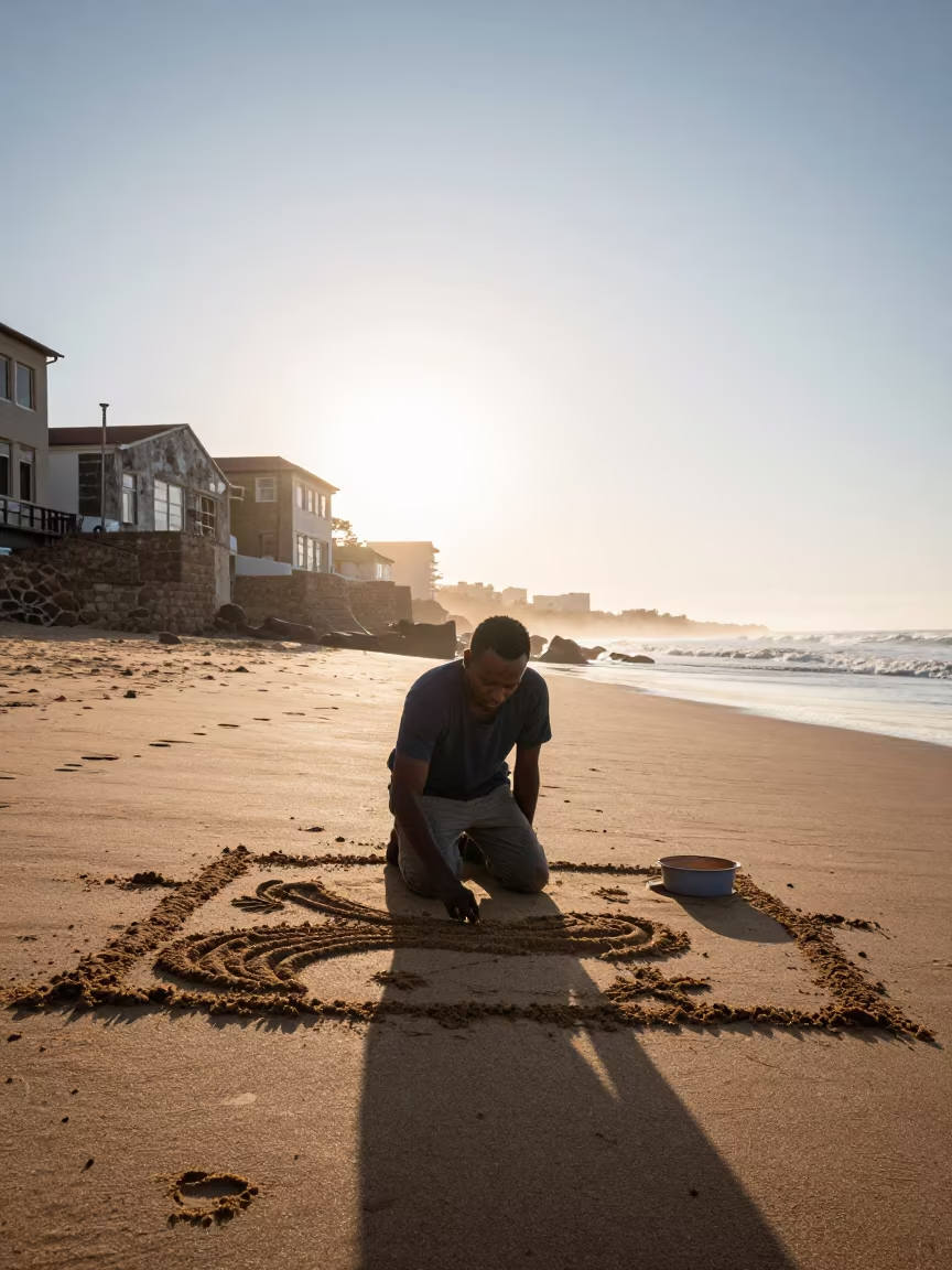 Sand Artist Drawing at Dawn in Durban in in the old quarter in Durban