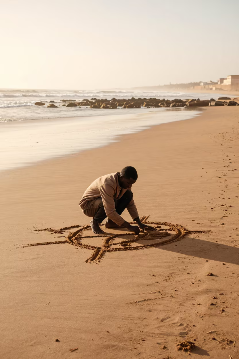 Sand Artist Working on Essaouira Beach at Golden Hour in near a riverside landing in Essaouira