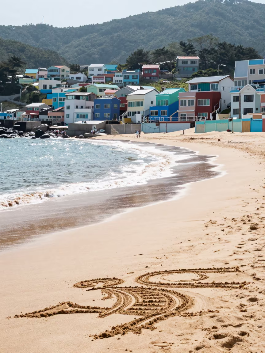 Sand Artist Drawing on Gamcheon Beach Under Noon Sun in in Gamcheon, Busan