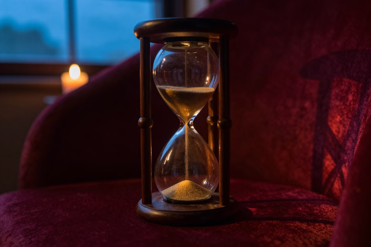 Sand Flowing Hourglass on Velvet Chair Twilight in on a velvet chair near Bloemfontein