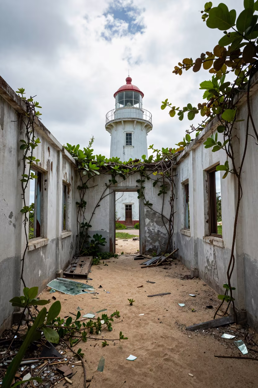 Sand and Glass in Abandoned Lighthouse Room in along a vine-choked corridor near Dushanbe