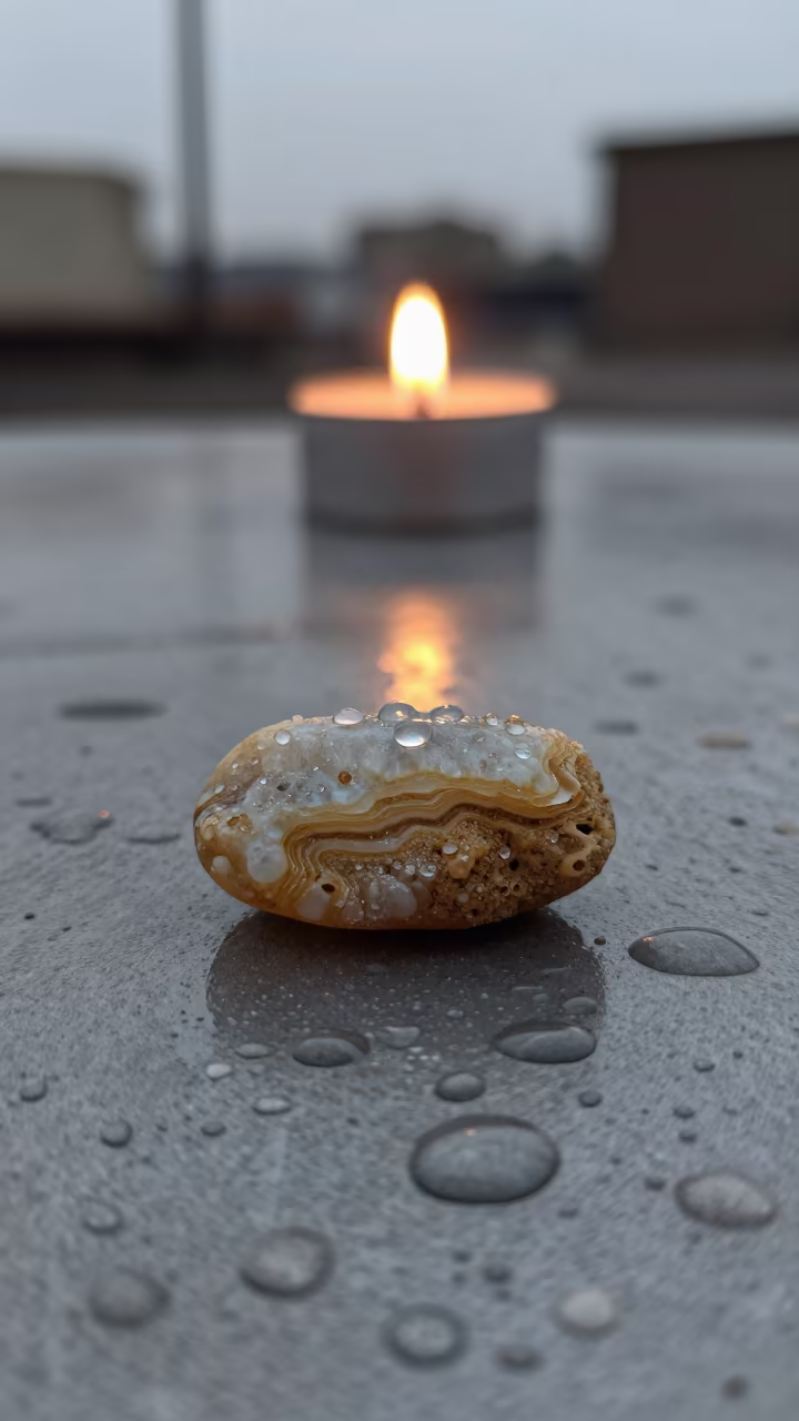 Sand Grain Macro on Wet Metal in Kanpur Twilight in across a rain-beaded metal surface in Kanpur