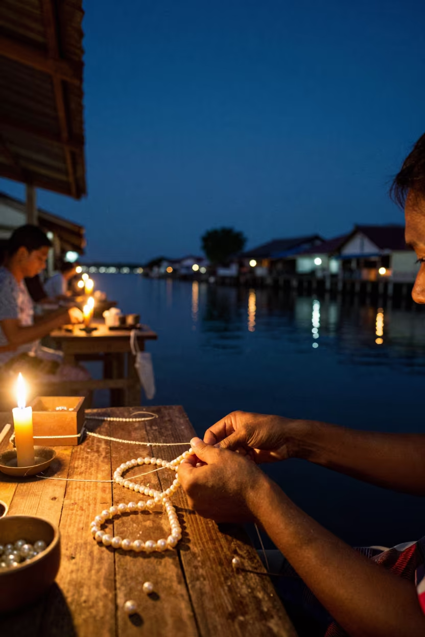 Sandakan Pearl Stringer by Canal Candlelight in beside a canal in Sandakan