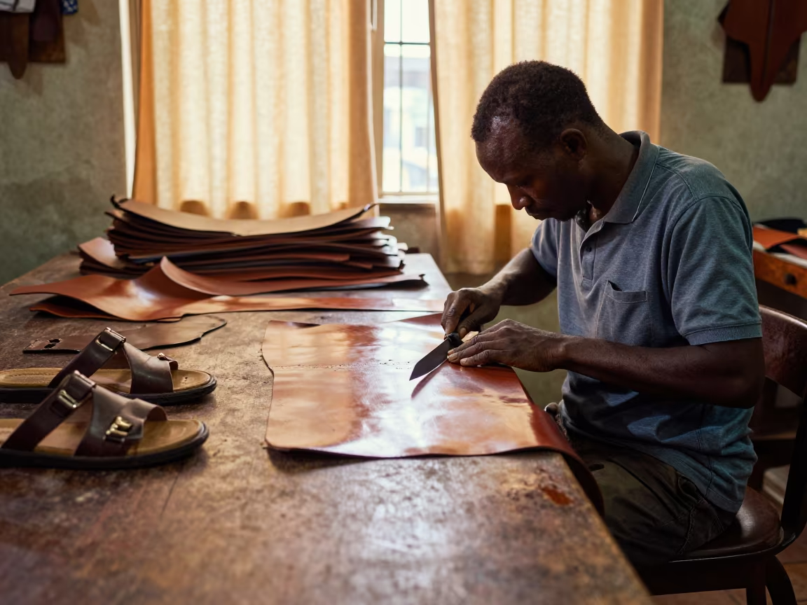 Sandal Maker Cuts Leather in Harare Workshop in in an atelier in Harare