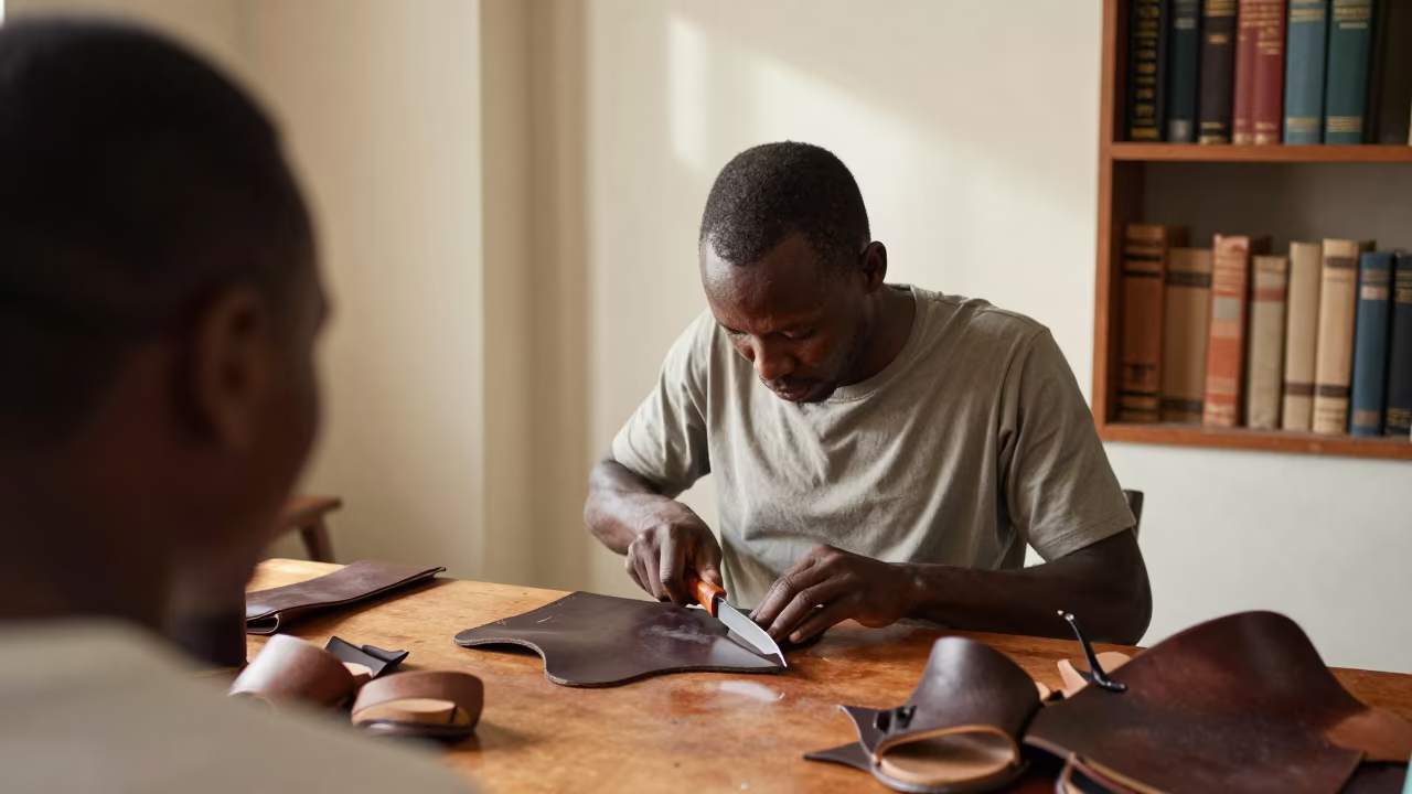 Sandal Maker Cuts Leather in Library Reading Room in in a library reading room in Port Harcourt