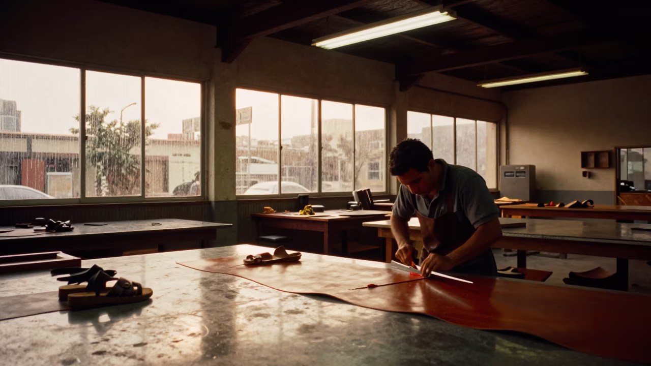 Sandal Maker Cuts Leather in Lima Loft in in a warehouse loft in Lima