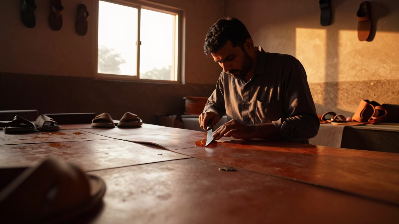 Sandal Maker Cutting Leather in Bundi Market Hall in in a market hall in Bundi