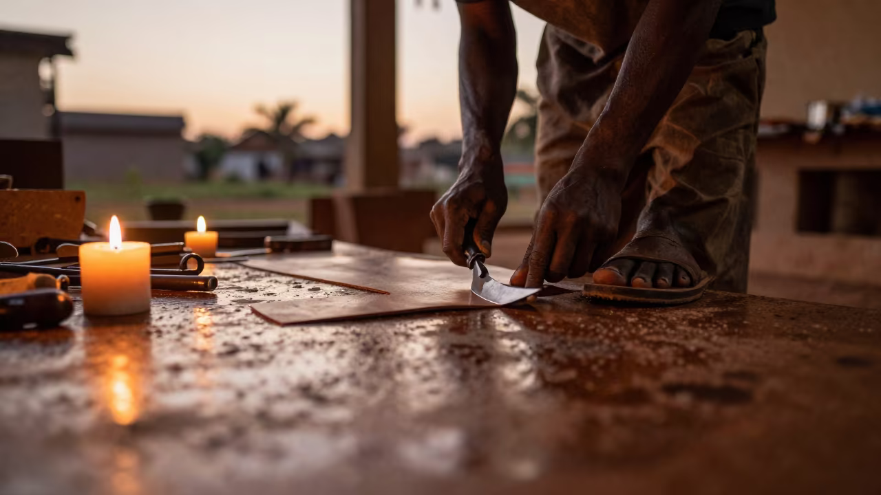 Sandal Maker Cutting Leather in Mbuji-Mayi Workshop in in a workshop in Mbuji-Mayi