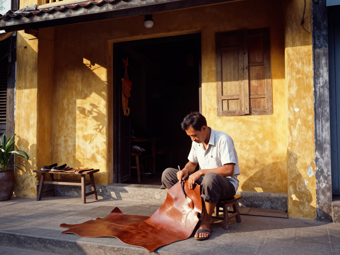Sandal Maker Cutting Leather with Curved Knife in Hoi An Vietnam Just After Sunrise in in Hoi An, Vietnam
