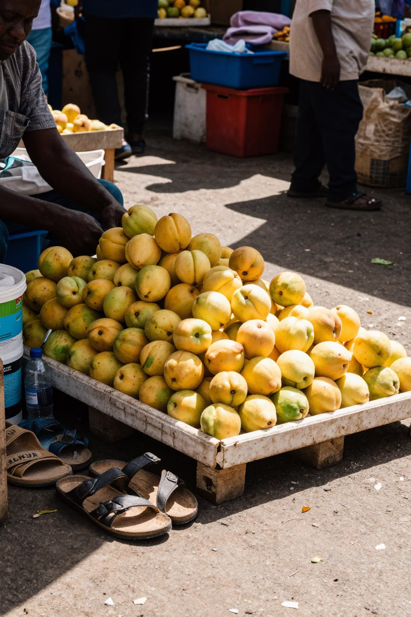 Sandals and Nectarines at a Johannesburg Market Stall in Late Morning Light in in Johannesburg, South Africa