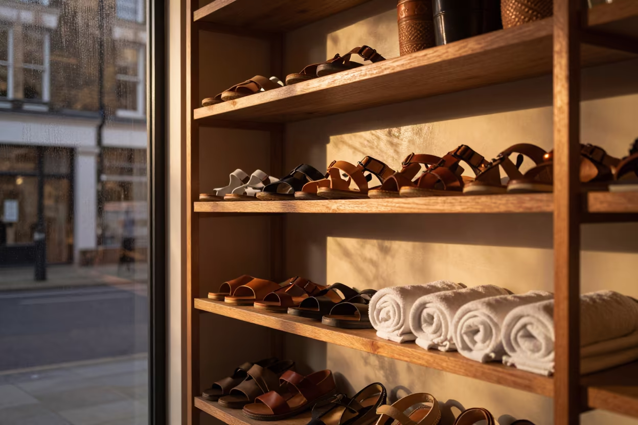 Sandals Towels Condensation Yoga Studio London in inside a yoga studio before the session begins near Marylebone, London