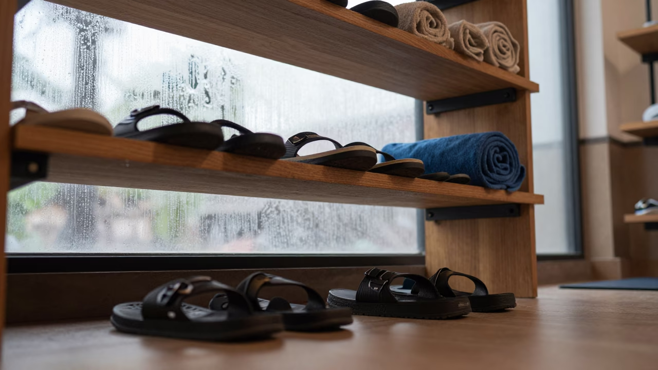 Sandals and Towels on Shelf in Yoga Lobby in inside a climbing gym warmup zone in Kanchipuram