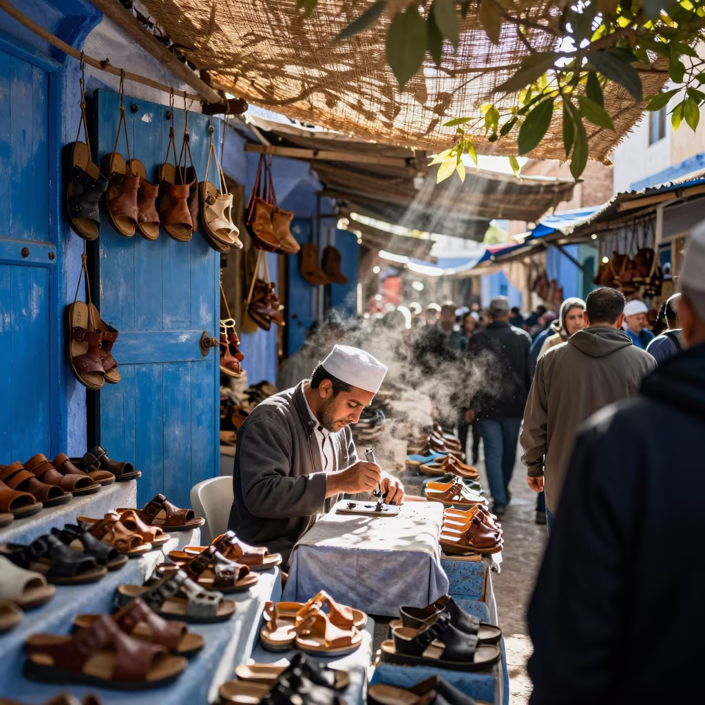Sandals Vendor in Chefchaouen Market in under a market canopy in Chefchaouen
