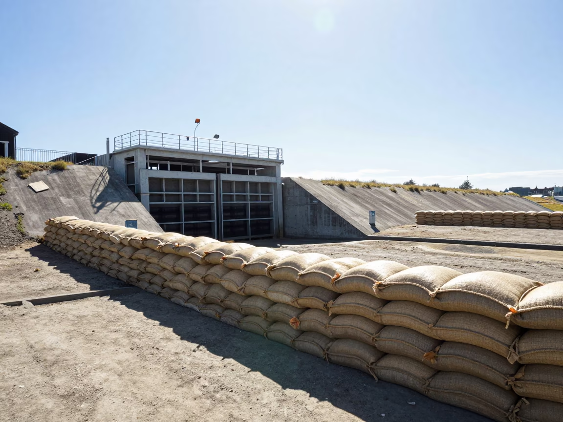 Sandbag Defense in Christchurch at The Flat Glare Of Noon Light in in Christchurch, New Zealand