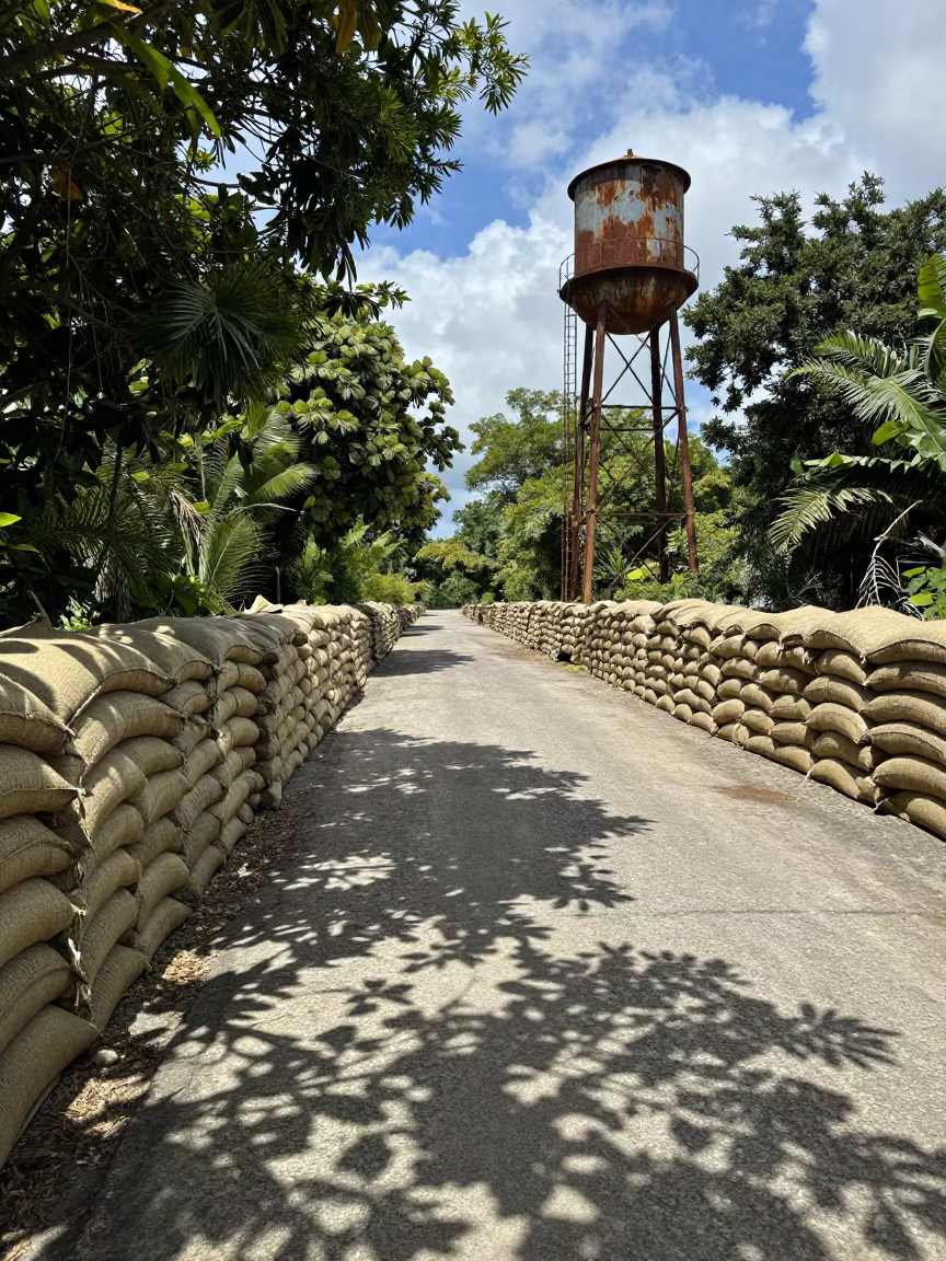 Sandbagged Levee Road Under Water Tower in Venezuela in beside a water tower ladder in Venezuela