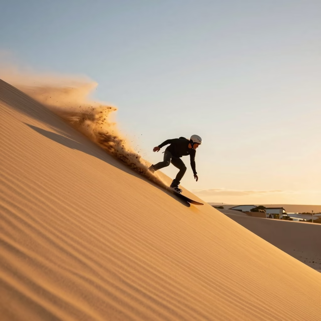 Sandboarder carving steep dune face at sunset in Cape Town South Africa in in Cape Town, South Africa