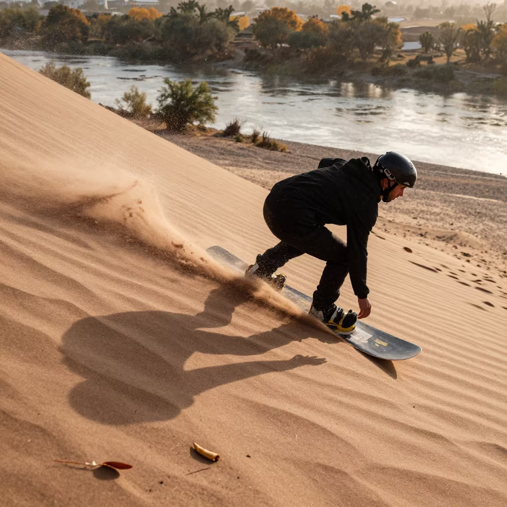 Sandboarder Cresting Dune in Autumn Morning Shadow in by a riverbank near Mirpur