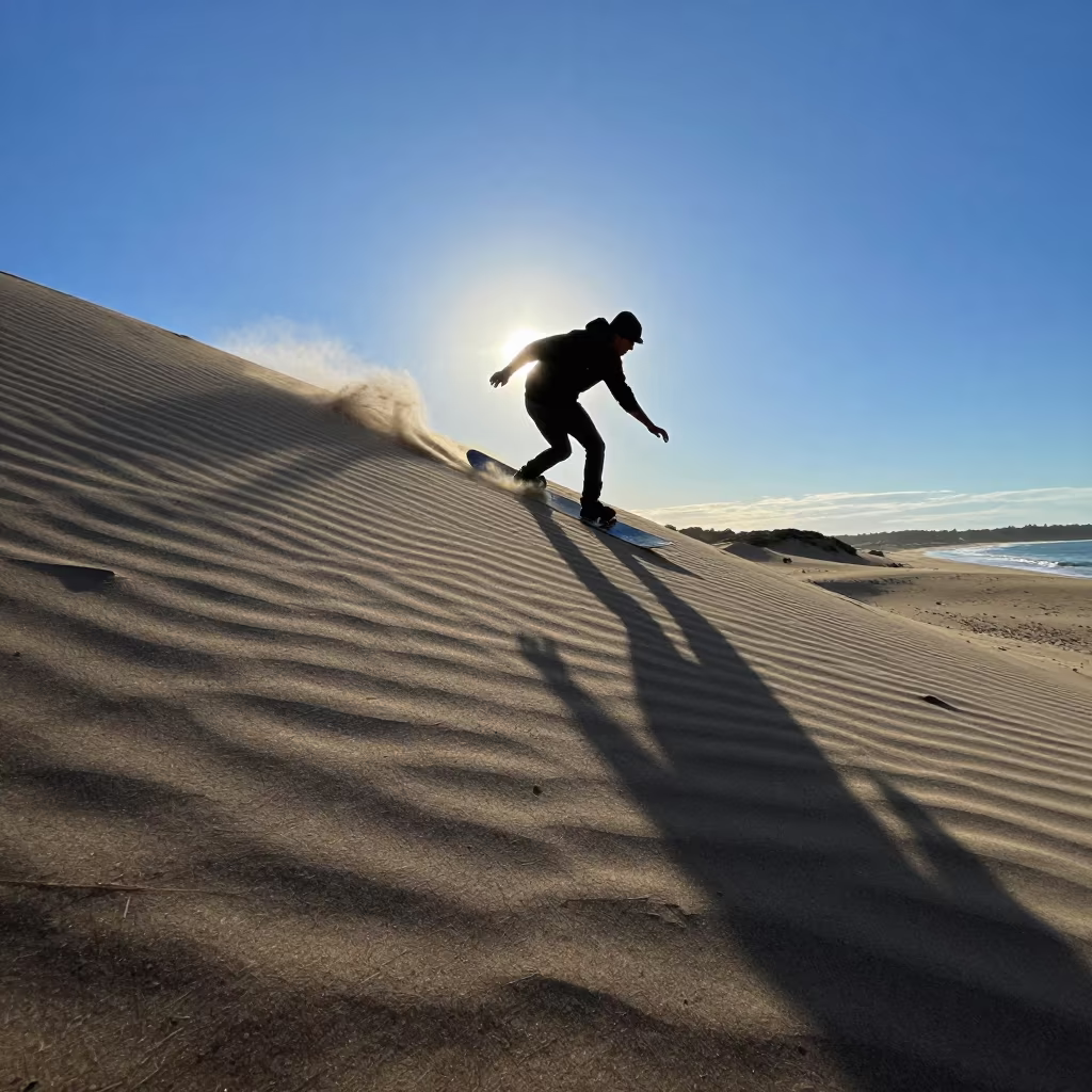 Sandboarder Descending Dawn Dune Victoria in along a beach near Victoria