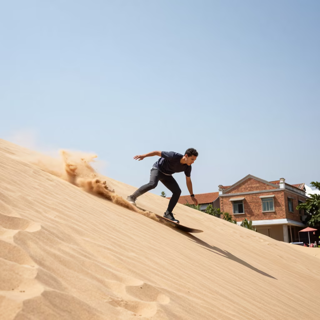 Sandboarder Descending Dune Crest in Hanoi in on a hillside near French Quarter, Hanoi