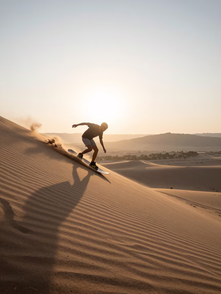 Sandboarder on Mountain Dune at Sunrise in on a mountain path near Ordu