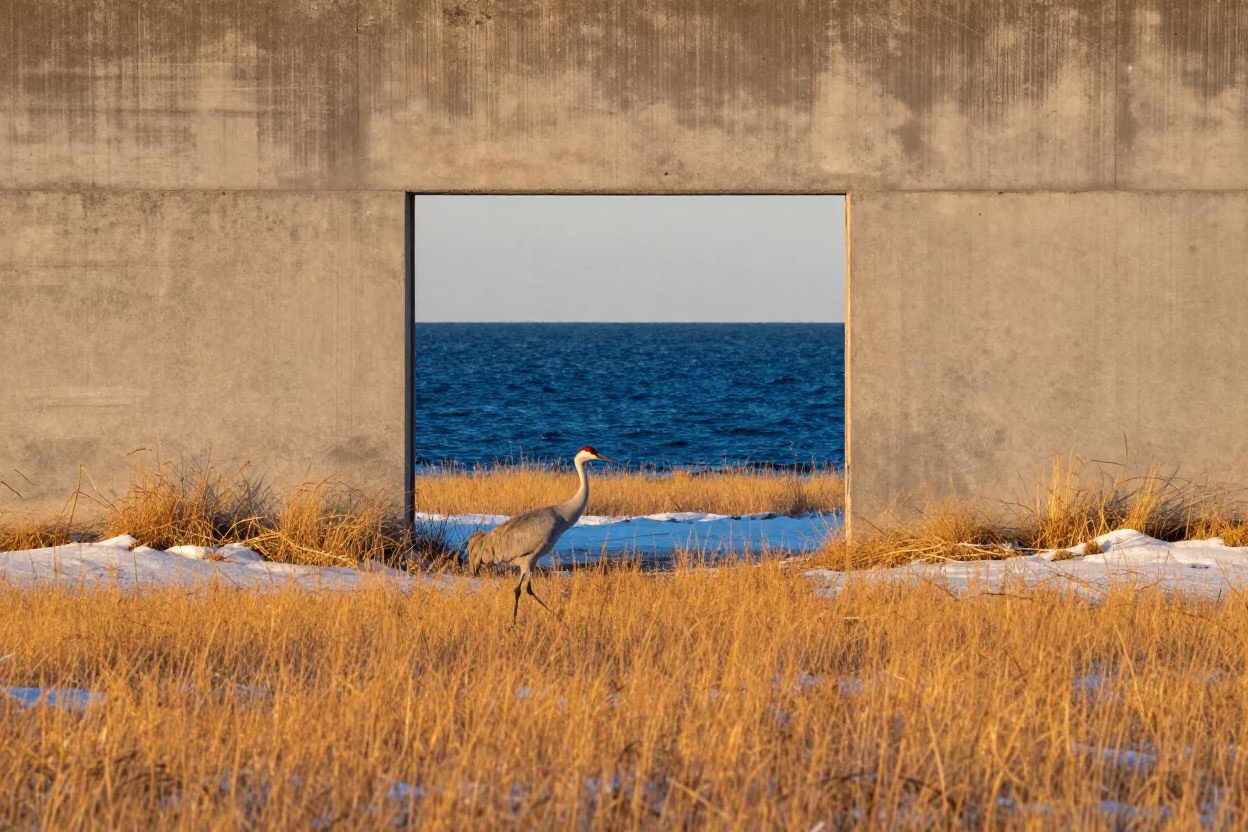 Sandhill Crane Crossing Gold Grass Into Ocean Doorway in near Madison