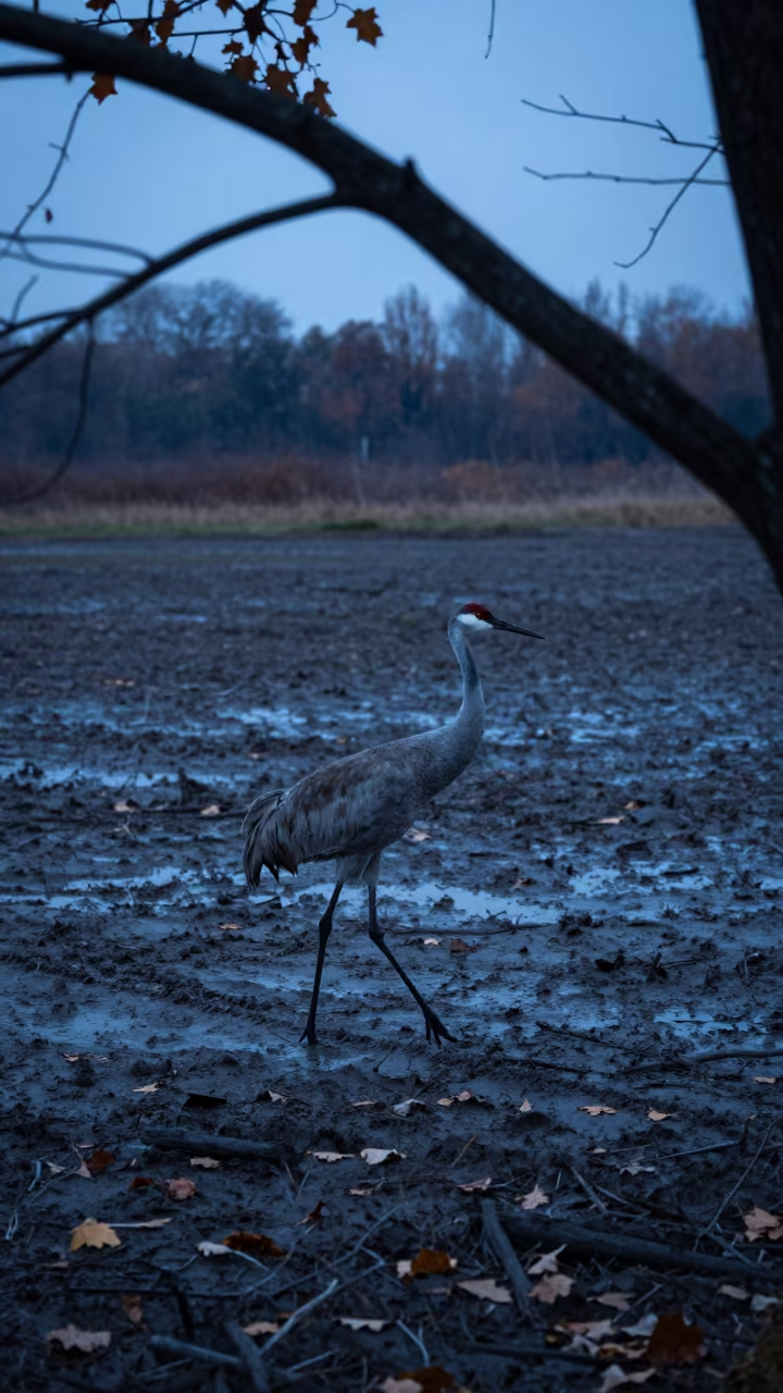 Sandhill Crane Crossing Kharkiv Mud Flats at Dusk in near Kharkiv