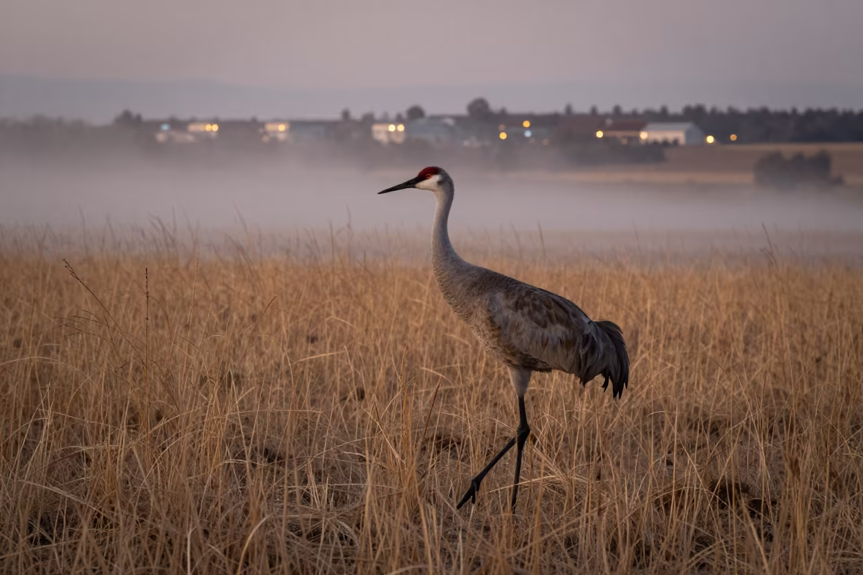 Sandhill Crane in Gold Grass at Dusk Mist in on a wind-scoured ridge near Chittagong