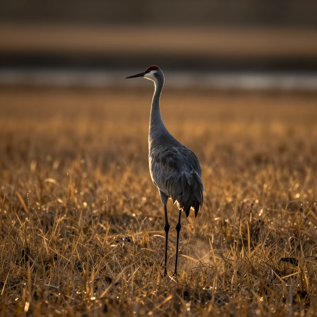 Sandhill Crane Gold Grass Dusk North Carolina in beside a tidal inlet in North Carolina