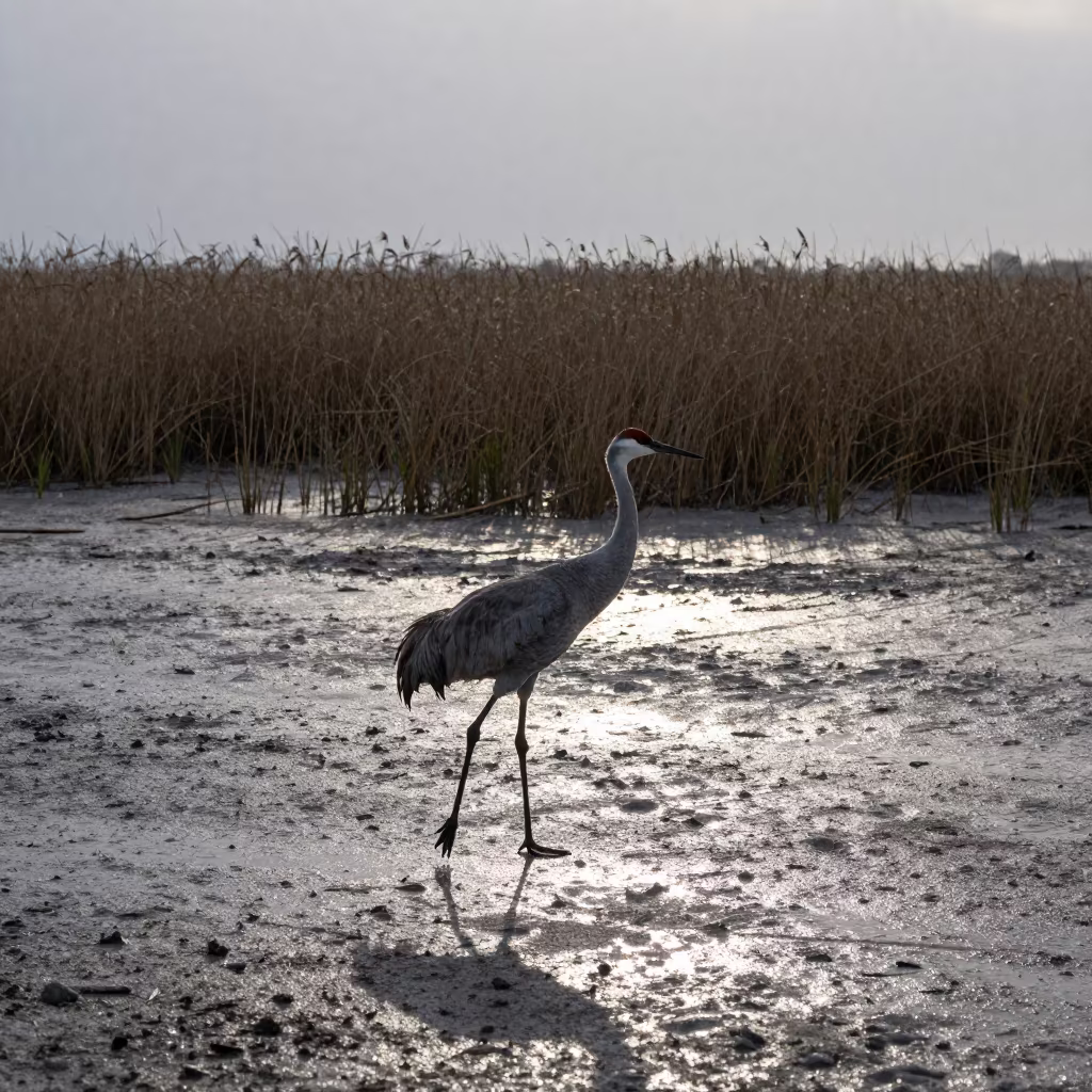 Sandhill Crane in Salt Marsh at Dawn in at the edge of a reed bed near Puente Alto