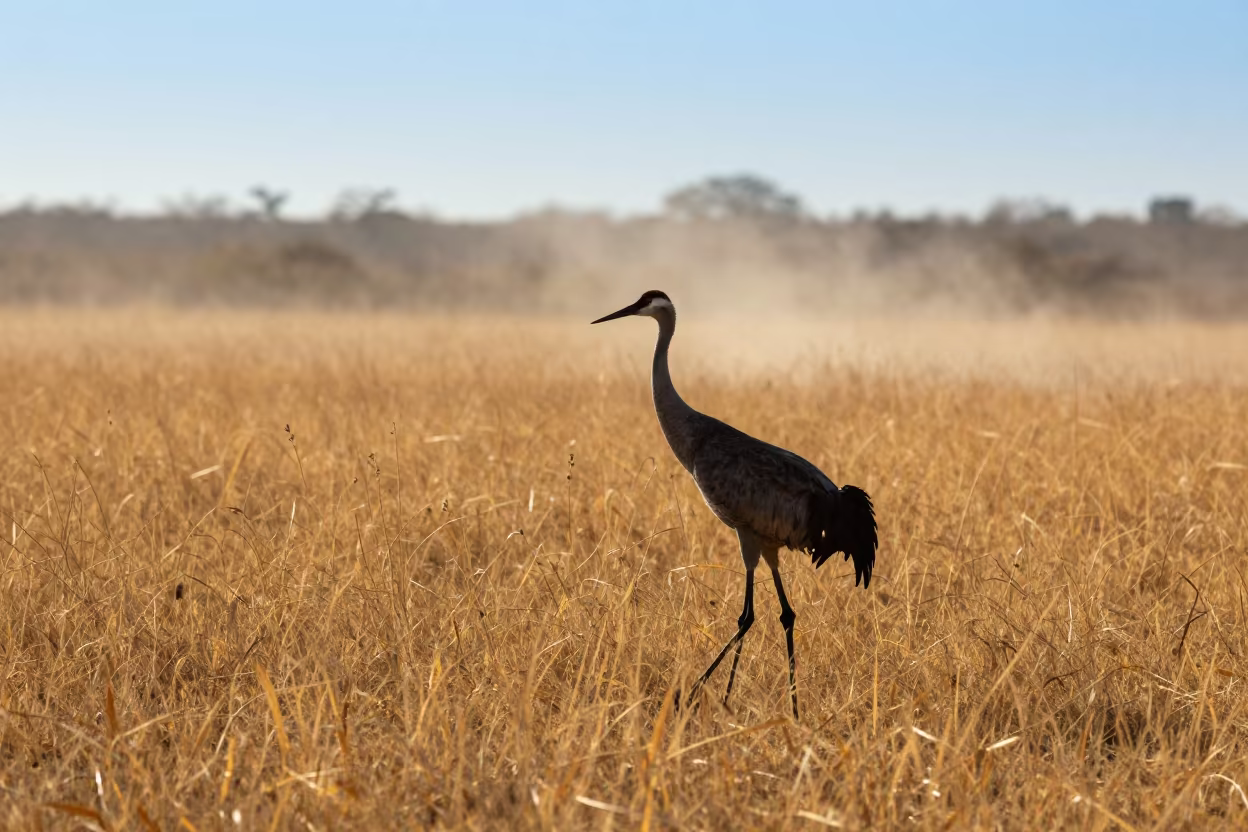Sandhill Crane Silhouette in Dry Grass in along a game trail near Mysore