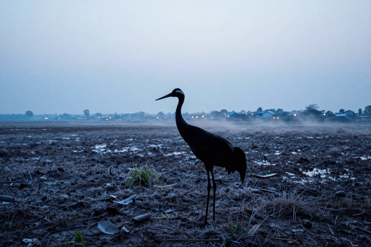 Sandhill Crane Silhouette on Monsoon Mud Flats in in Nagaland