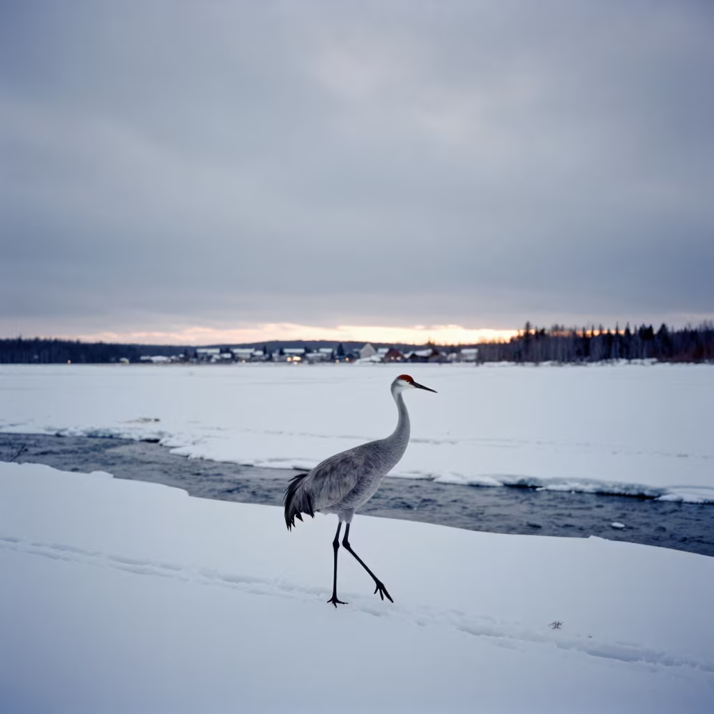 Sandhill Crane Walking Snow Crust Twilight Ontario in above a glacial stream in Ontario
