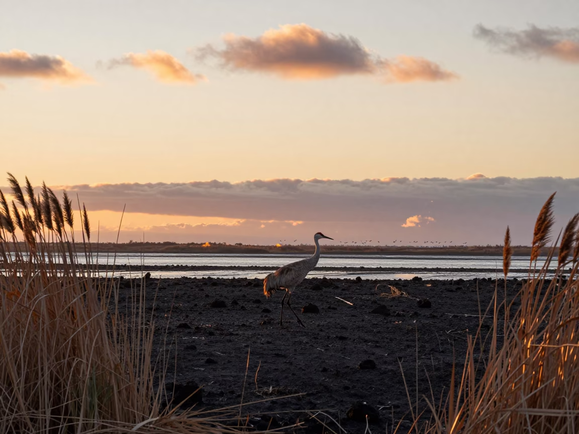 Sandhill Crane Sunset Tidal Inlet Almaty in beside a tidal inlet near Almaty