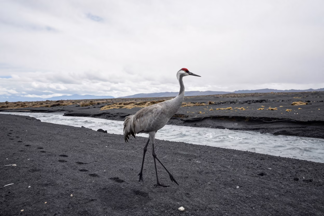 Sandhill Crane on Volcanic Sand Near Nepal Stream in above a glacial stream in Nepal