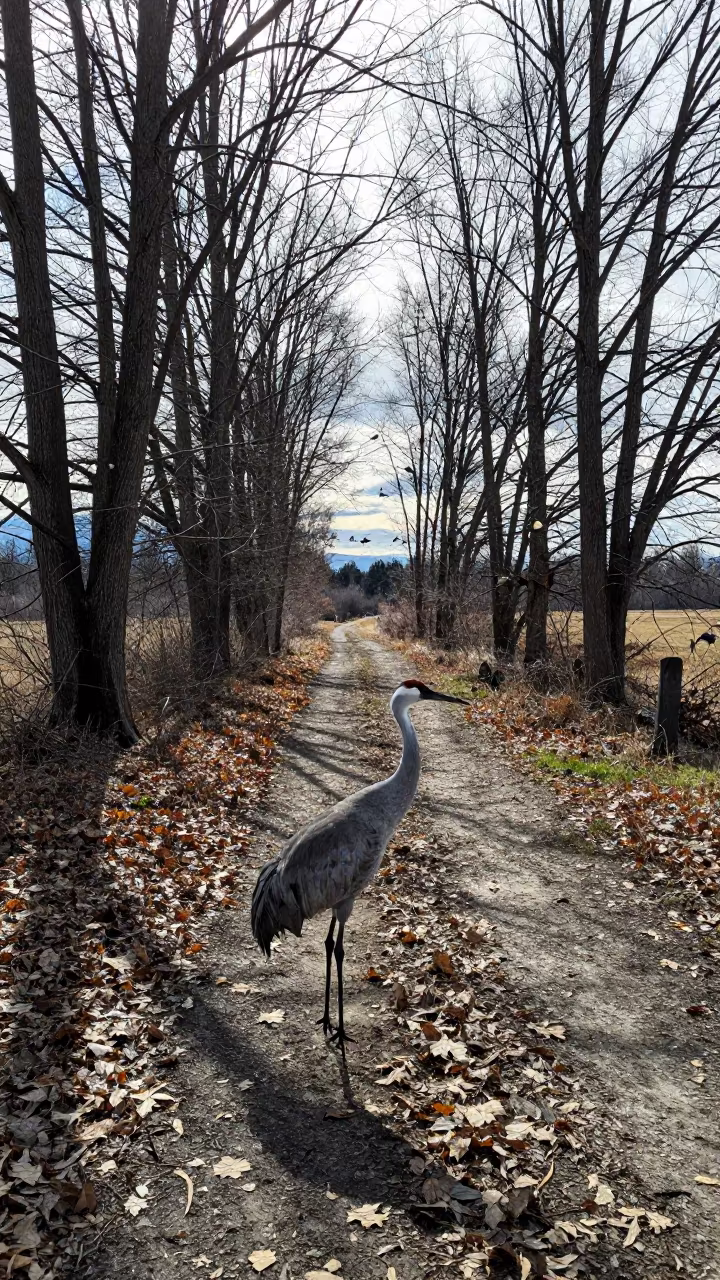 Sandhill Crane in Winter Leaves Under Noon Light in along a game trail in British Columbia