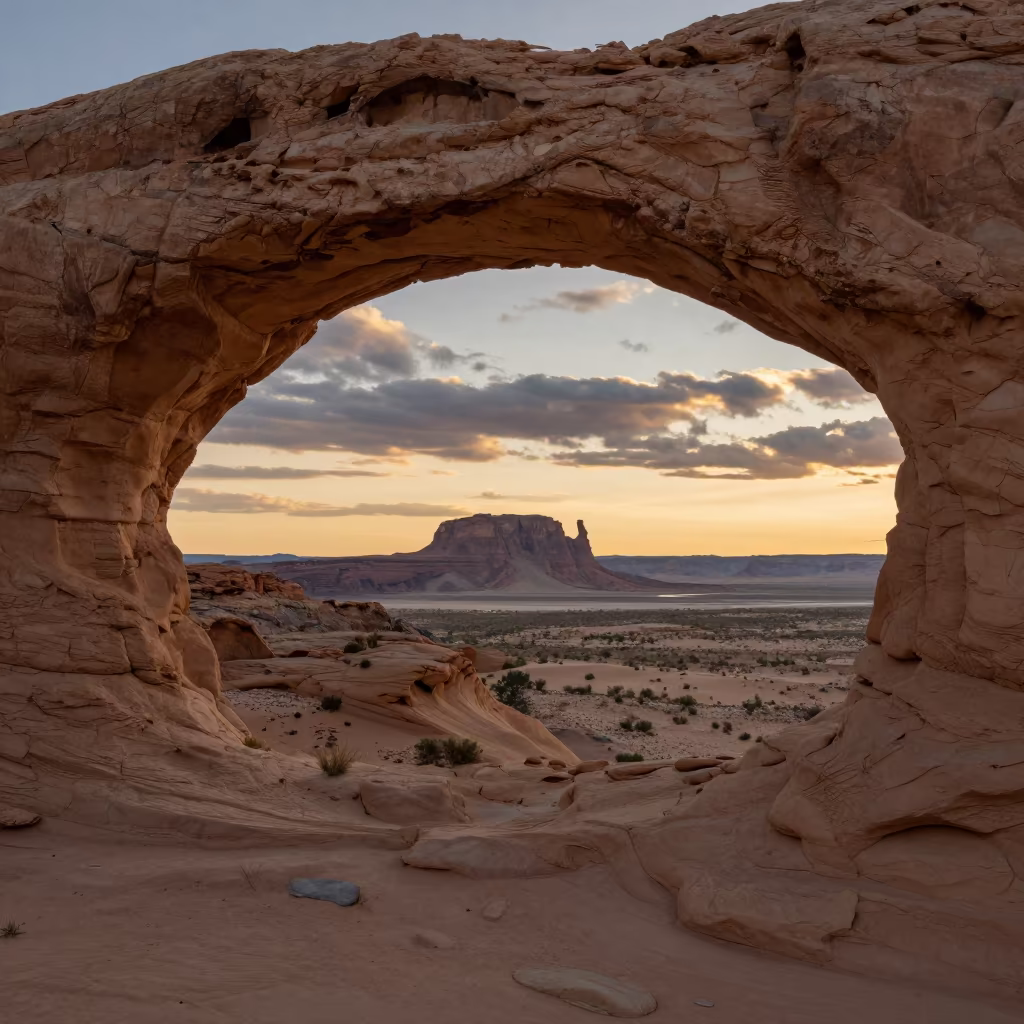 Sandstone Arch Overlooking Desert Mesa at Golden Hour in along a wave-cut shoreline in New Mexico