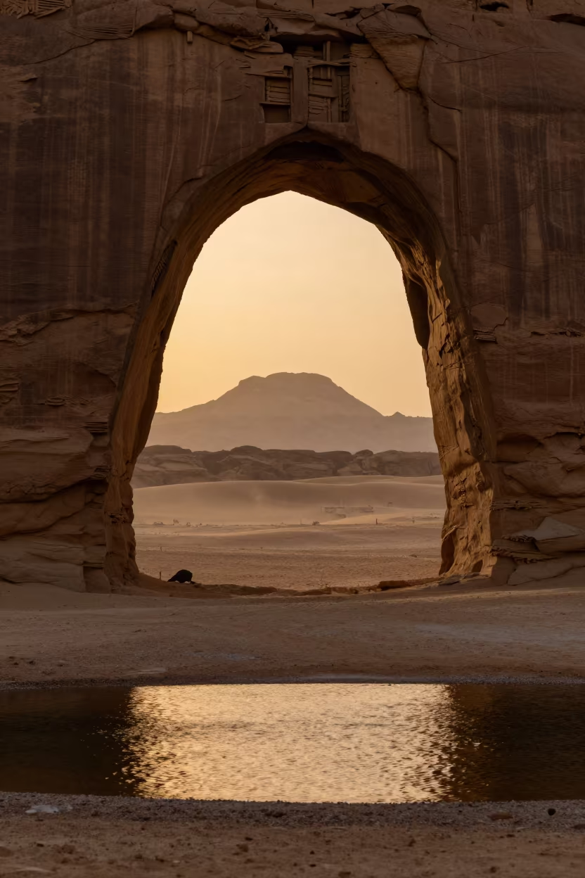 Sandstone Arch Silhouetted Against Desert Mesa Twilight in near Islamic Cairo, Cairo